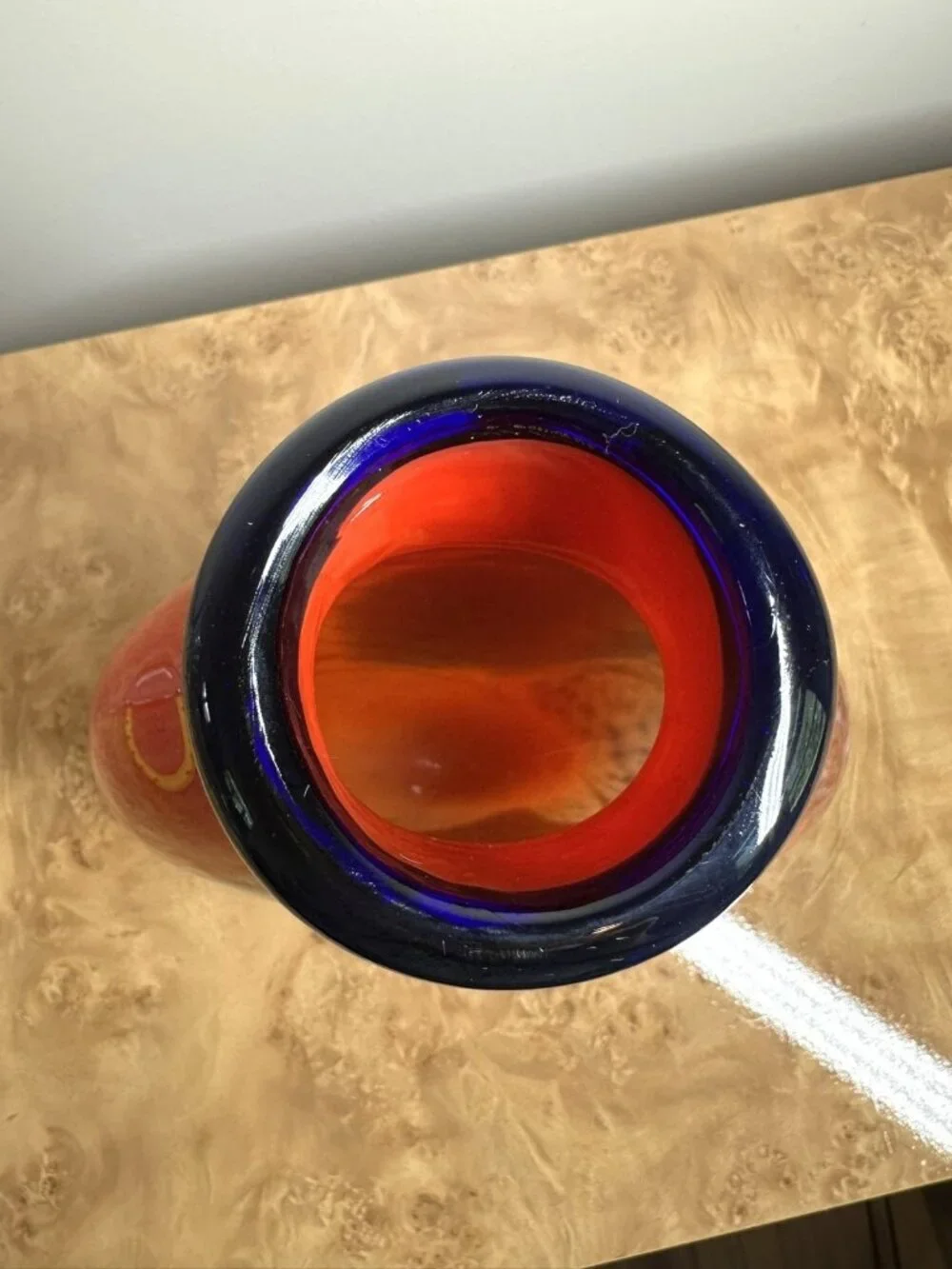 Large Hand Blown Studio Art Glass Vase Sculptural Vessel Red Blue Yellow Black